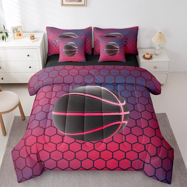 Erosebridal Ensembles de Literie Basketball 3D Taille Simple, Ensemble de Lit Sportif, Décor Hexagonal Géométrique, Réversible 7 Pcs
