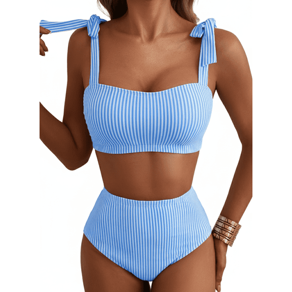 SHEWIN Swimsuit Women Striped Bikinis Sets Shoulder Strap Knot Two Piece Bathing Suits High Waisted Tummy Control Full Coverage Swimwear