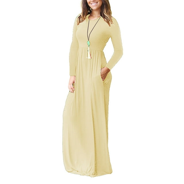 MAWCLOS Women Maxi Dresses Crew Neck Dress Long Sleeve Swing Holiday Solid Color Apricot L