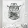 thumbnail image 1 of Hippo Tapestry, Behemoth Animal Wearing Cowboy Hat Wild West Inspired Hand-Drawn Image, Fabric Wall Hanging Decor for Bedroom Living Room Dorm, 5 Sizes, Black and White, by Ambesonne, 1 of 1