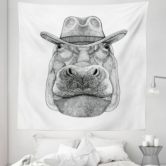 Hippo Tapestry, Behemoth Animal Wearing Cowboy Hat Wild West Inspired Hand-Drawn Image, Fabric Wall Hanging Decor for Bedroom Living Room Dorm, 5 Sizes, Black and White, by Ambesonne