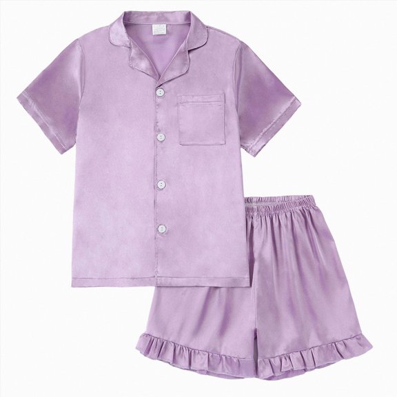 WXFAZCVU Girls' Short Sleeve Pajama Set Button Down Satin Silk Sleepwear Ruffle Shorts Set Size 11-12 Years