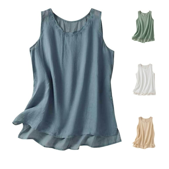 Admvng Workout Tank Tops for Woman Summer Loose Round Neck Solid Color and Linen Short Sleeve Shirt Loose Slim Top Round Neck Top Shirt M-3XL
