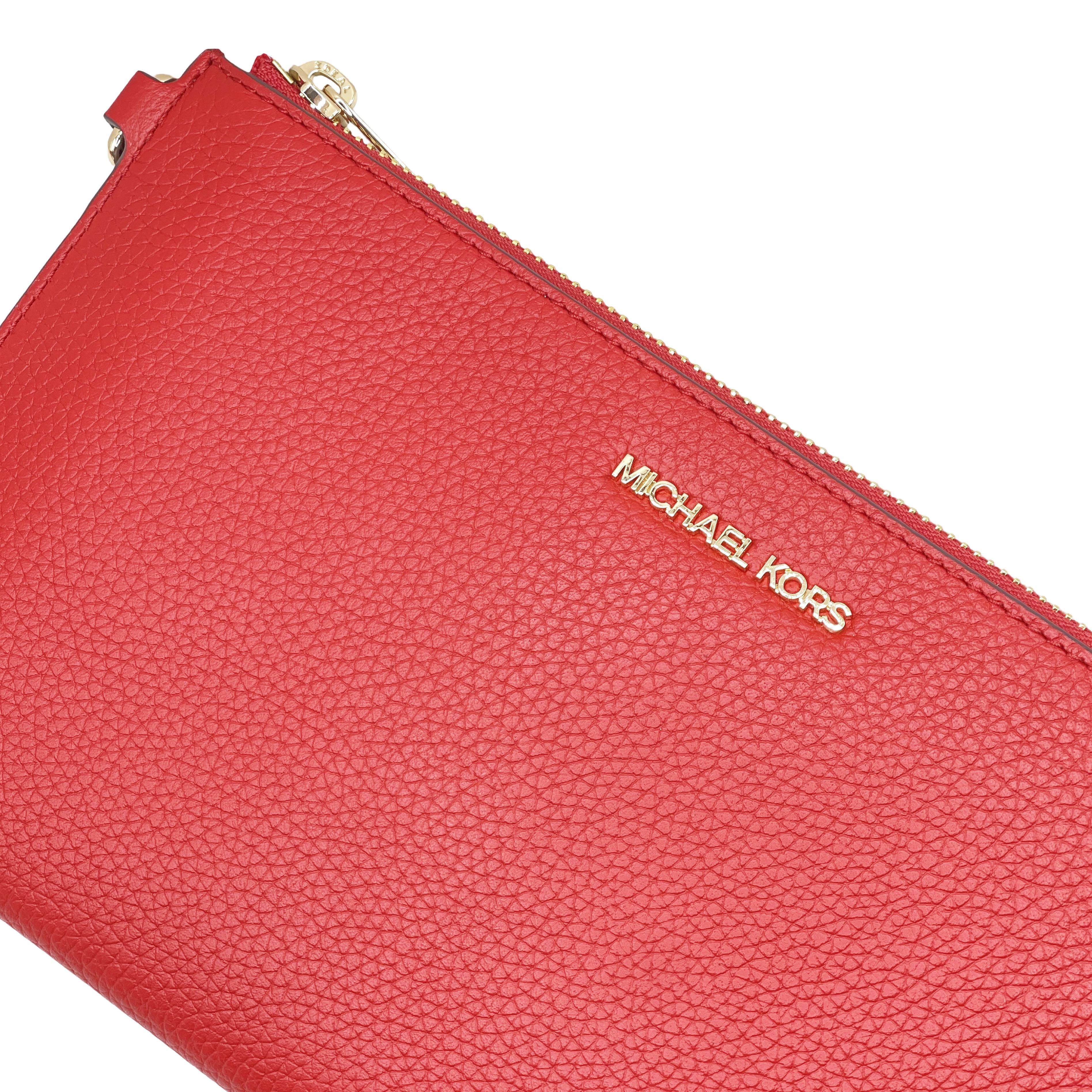 Michael Kors Women's Jet Set Travel Large Top Zip Pebbled Leather Wristlet Pouch (Bright Red)