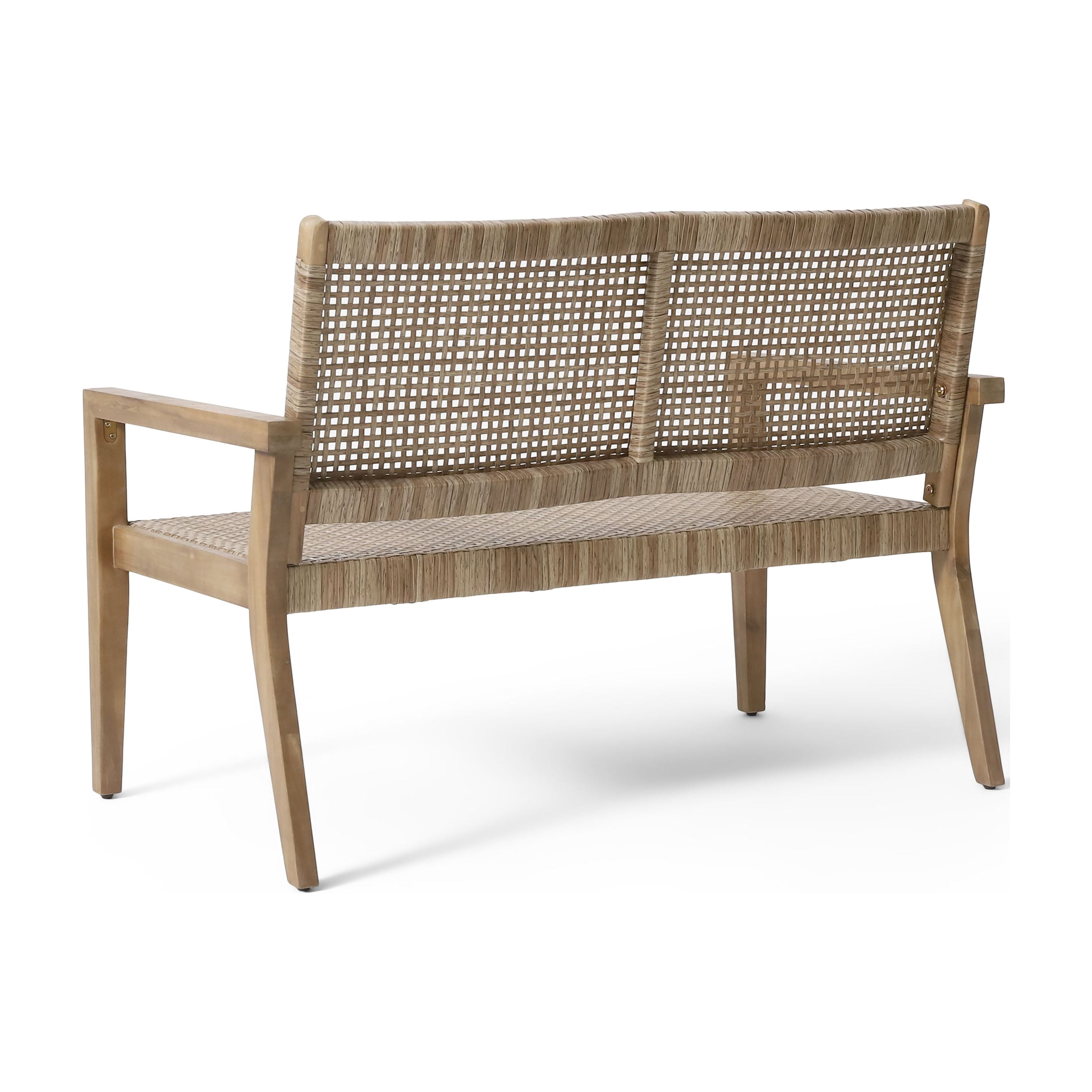 Outdoor Double Seat Sofa, Combined Wicker and Acacia Wood Structure for Patio Garden, Light and Light Brown