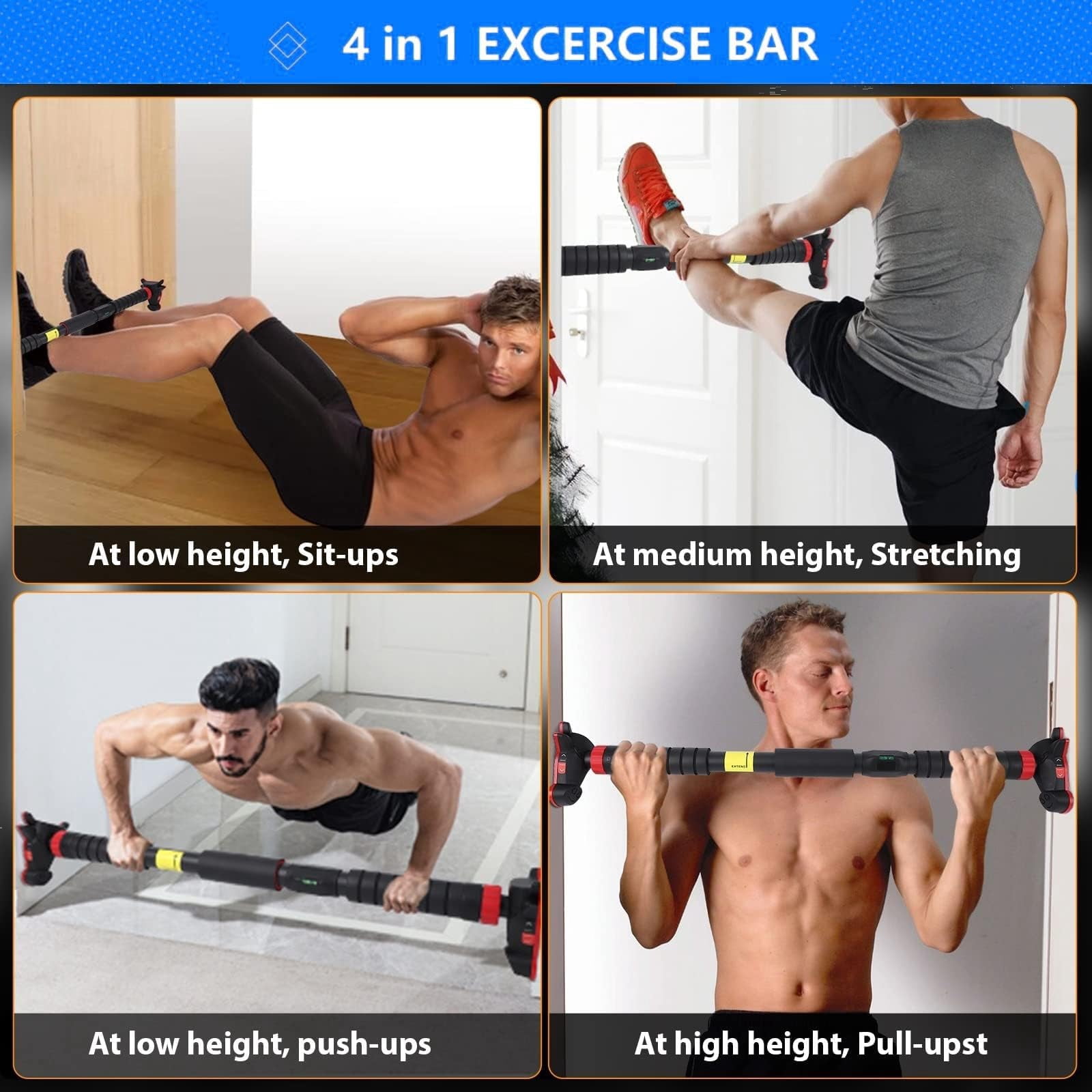 Wisykoke Doorway Pull Up Bar Adjustable Chin Up Bar for Home Gym, 440 LBS Max Load, with Level Meter & Anti-Slip Design for Strength Training, No Screws