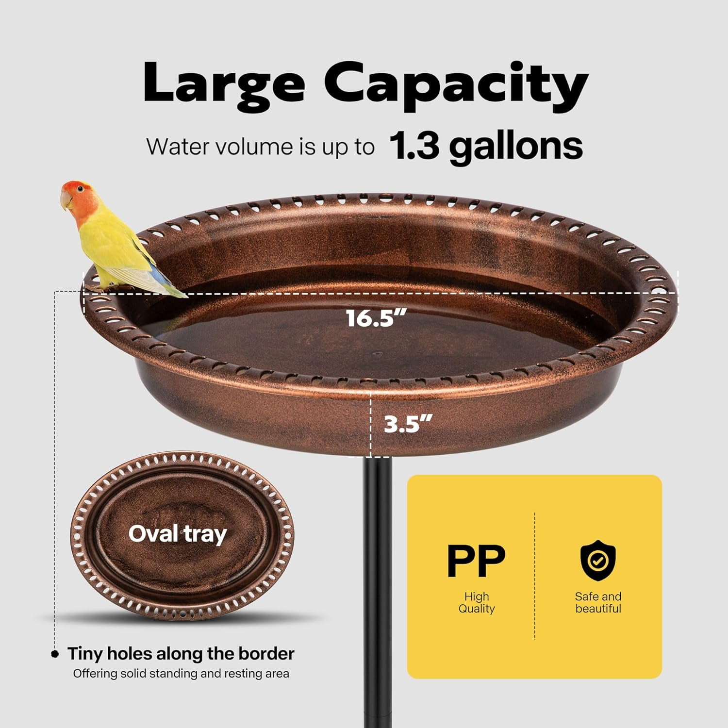 SPECSTAR Oval Polyresin Bird Bath Bowl with Metal Stake, 29 inch Height Outdoor Freestanding Birdfeeder, Capacity 1.3 Gallons, 5-Pronged Base, Bronze