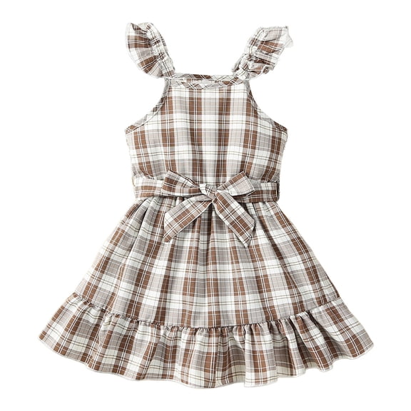FINALGANG Girls Kids Square Neck Sleeveless Plaid Dress With Ruffled Straps Matching Waist Belt Ruffled Hem Casual Lightweight Dress For Toddlers Summer Daily Wear Versatile Dress