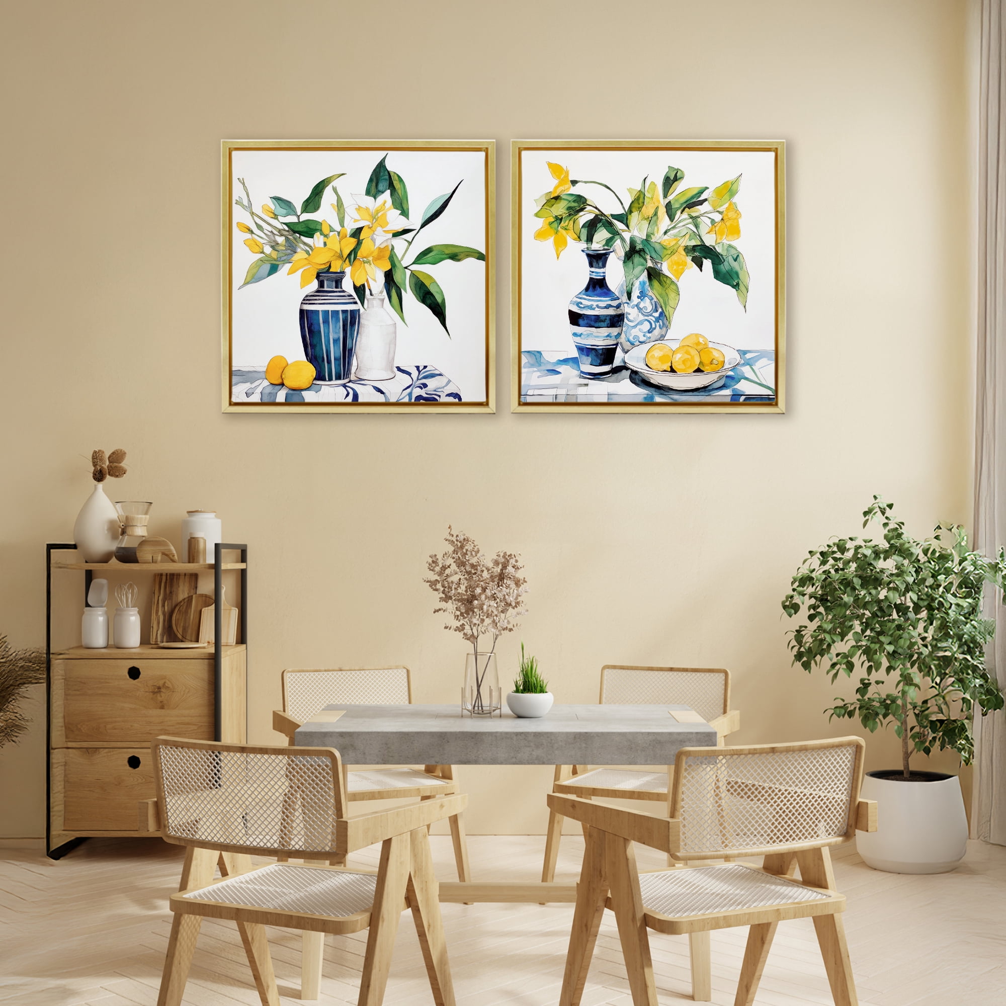 Stupell Industries Lemon Blooms Table Setting 2 Piece Gold Framed Floater Canvas Set, design by Ray Powers