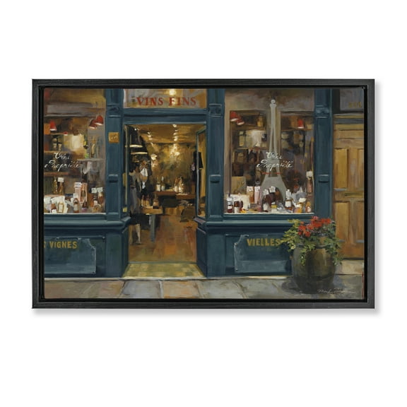 Stupell Industries Parisian Wine Shop Buildings & Architecture Painting Black Floater Framed Canvas Art Print Wall Art, 25 x 17