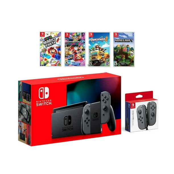 2019 New Nintendo Switch Gray Joy-Con Console Multiplayer Party Game Bundle  + Extra Pair of Gray Joy-Con, Super Mario Party, Mario Kart 8 Deluxe, 