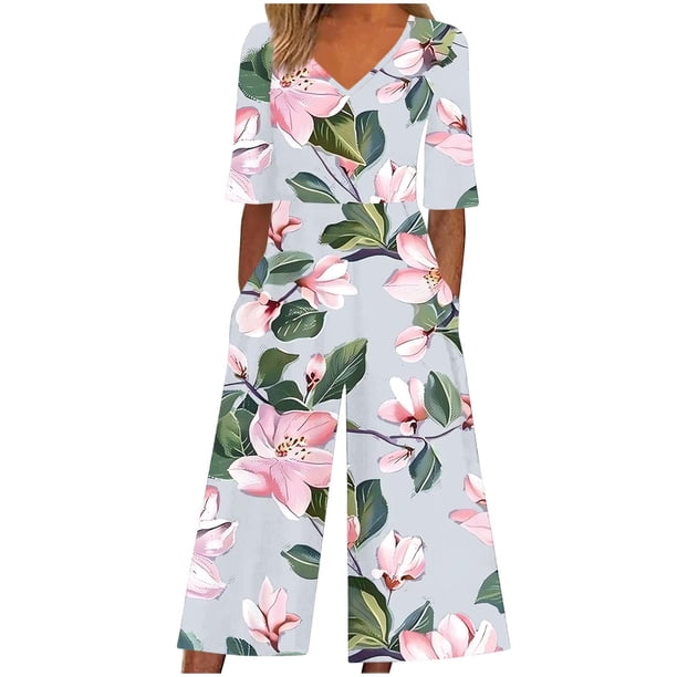 Pantalones de Vestido Casual para Mujeres Impresión Floral de Manga Corta con Cuello en V Cremallera Lateral de Bolsillo Pantalones de Sudadera para Primavera Verano Casual Diario