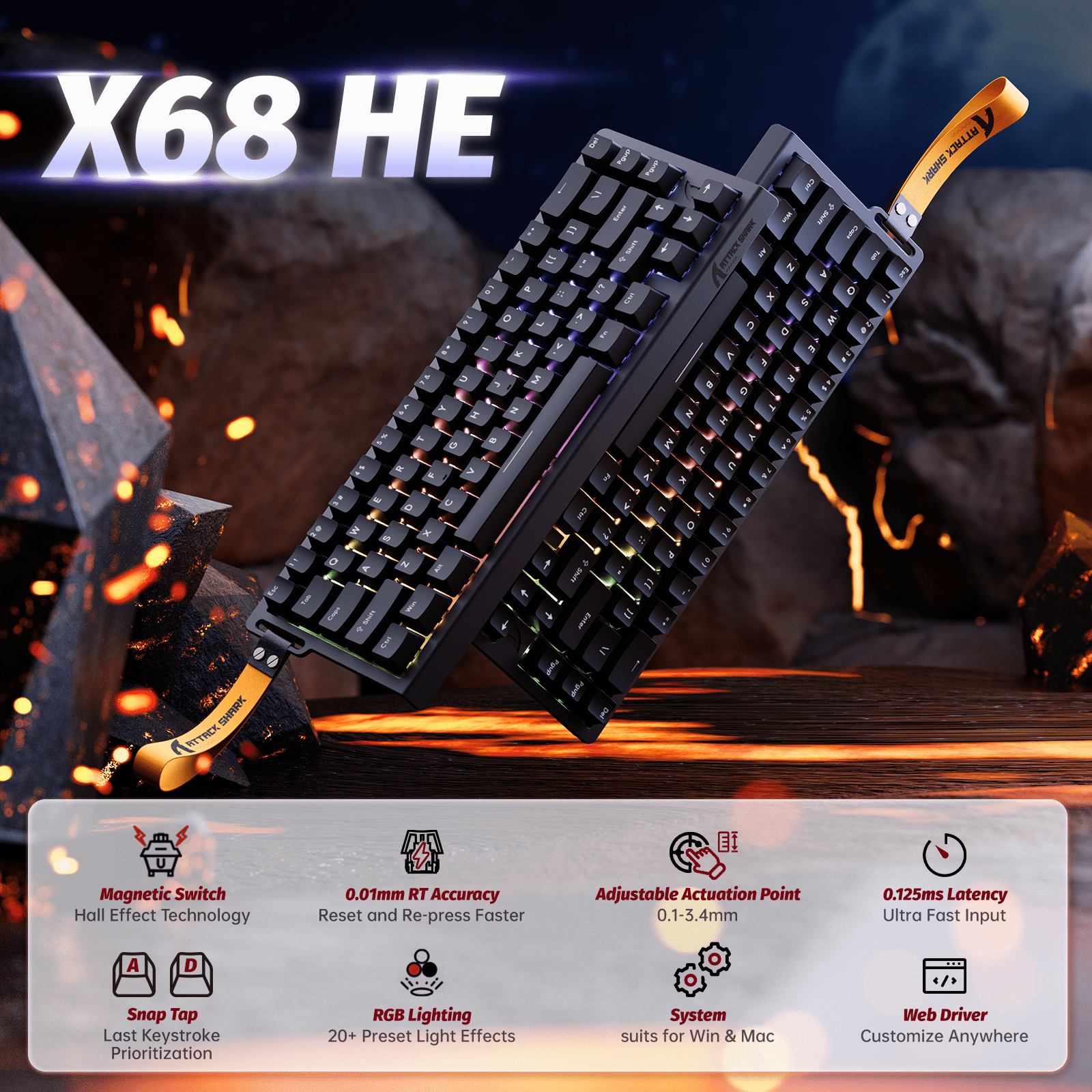 ATTACK SHARK X68 HE 60% Wired Mechanical Gaming Keyboard, Rapid Trigger, Adjustable Actuation, Hall Effect Magnetic Switches, 8KHz Polling Rate, RGB Backlit, PC/Mac Compatible, Black