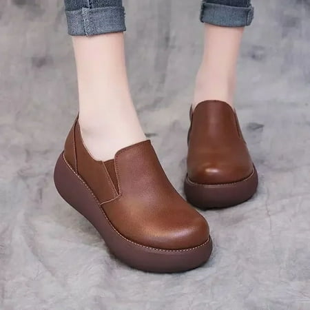 Women Platform Shoes New Leather Flats Casual Shoes for Women Round Head Slip-On Shoes Pumps Leisure Party Office Lady Loafers (Brown 35)