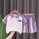 thumbnail image 2 of Odeerbi 1-7 Años Niños Niñas Conjuntos de Verano Estampado Deportivo Algodón Manga Corta Cuello Abotonado Tops Pantalones Cortos Conjunto de Dos Piezas Escuela, 2 of 4