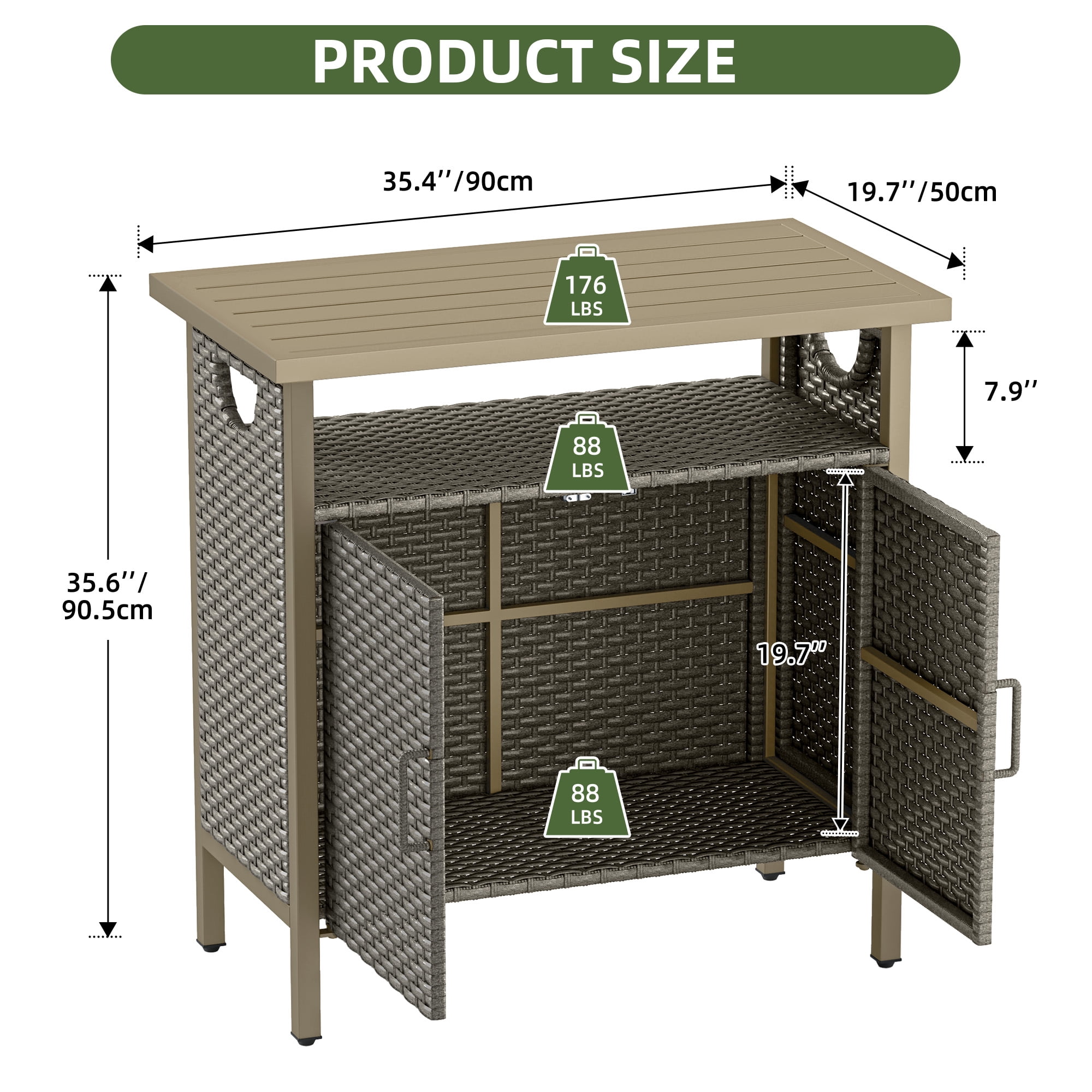 Uforic Patio Wicker Bar Table, Outdoor Wicker Storage Cabinet, Bar Counter Table, Deck Box - Brown