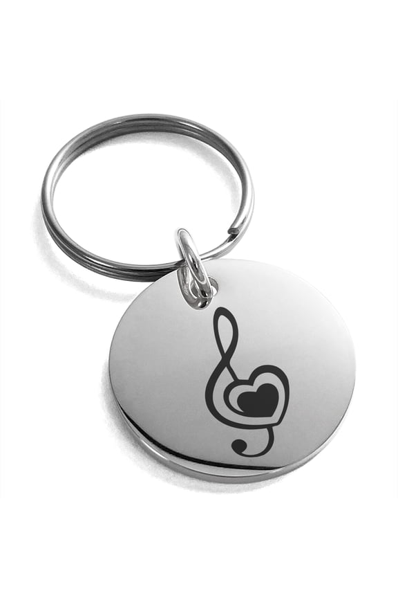 Stainless Steel Treble Clef Heart Engraved Small Medallion Circle Charm Keychain Keyring