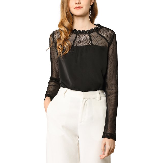 INSPIRE CHIC Blouses Décontractées pour Femmes à Col Rond en Dentelle Florale à Manches Longues en Chiffon