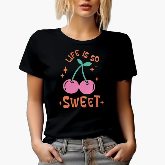 Life Is So Sweet Quote with a Cherry Art Merch Gift, Black T-Shirt, Small
