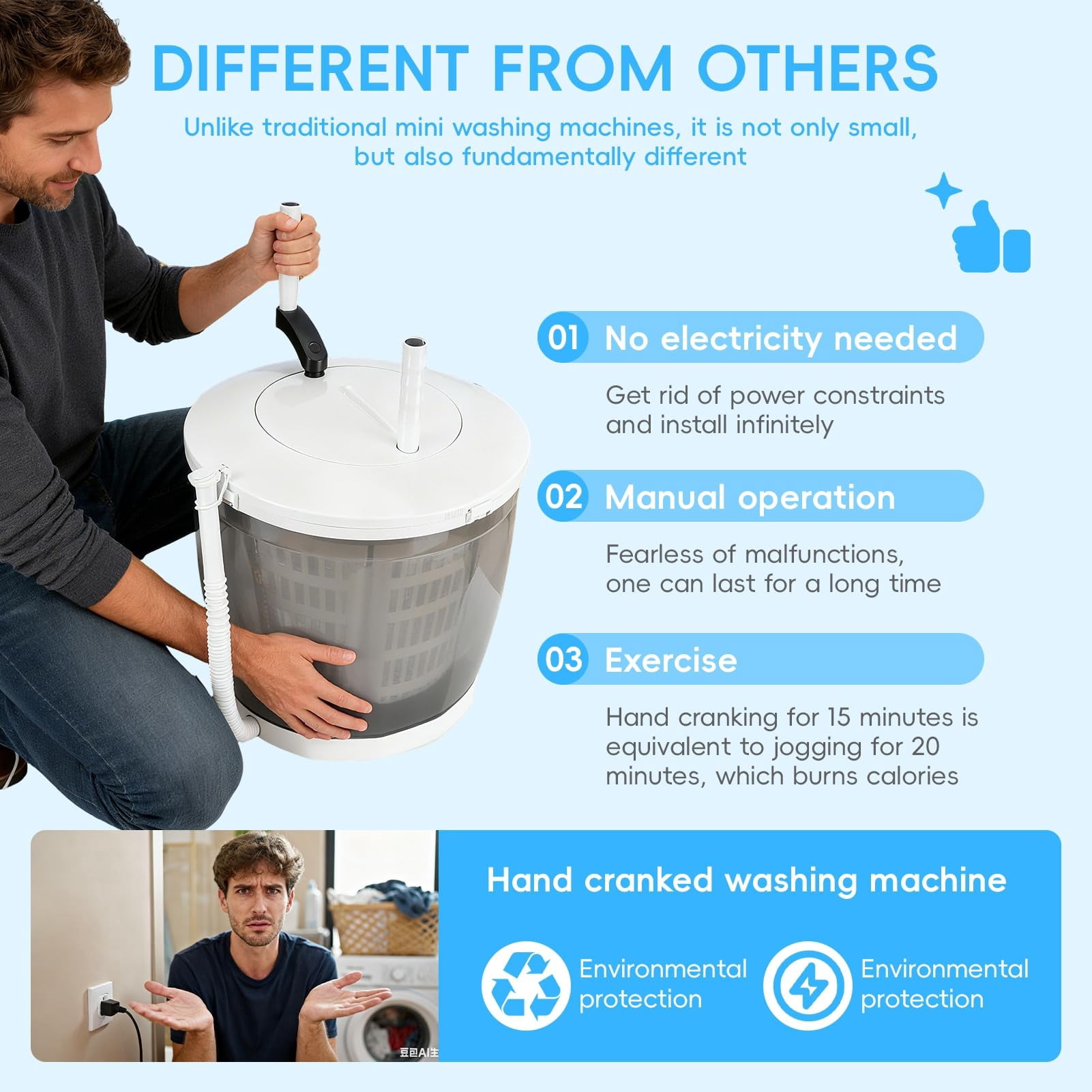 2 in 1 Portable Manual Washing Machine,No Electricity Needed, Suction Cup Base,4.4lbs Wash Capacity,Portable Washer & Spin Dryer for Camping, Dorm, Travel