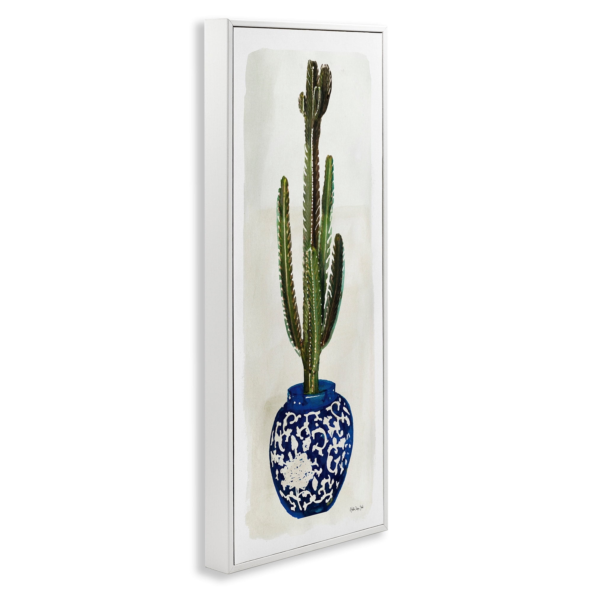 Stupell Industries Cactus in Blue Ornate Vase Succulent Still Life Paintings White Framed Art Print Wall Art, 13x30, by Stellar Design Studio