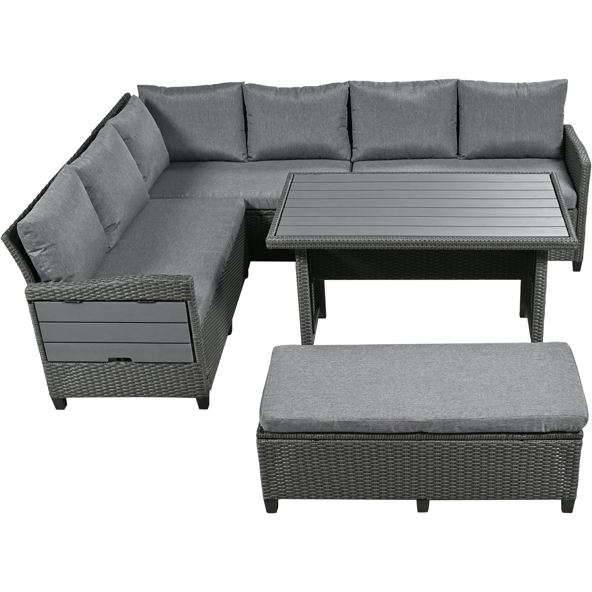 5 Pieces Patio Furniture Set, Outdoor All Weather Sectional Wicker Conversation Set with 2 Extendable Side Tables & Table, Gray
