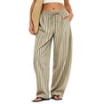 thumbnail image 6 of Petite Linen Pants for Women Striped Casual Comfy Elastic Waist Linen Drawstring Pants Y2k Baggy Flowy Lightweight Work Trousers Khaki 2XL, 6 of 6