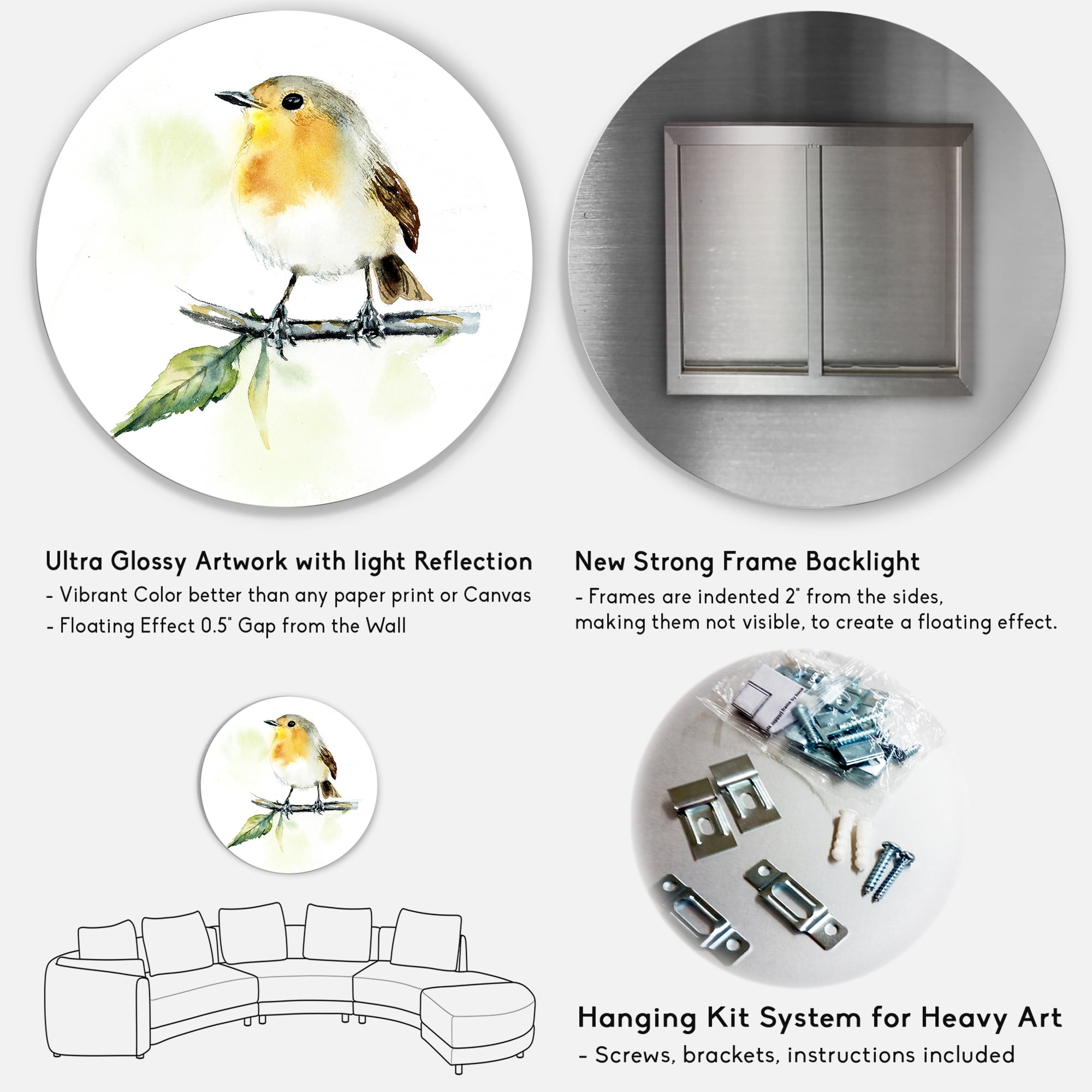 Designart 'Little Robin Bird Sitting On A Branch' Traditional Circle Metal Wall Art 36x36 - Disc of 36