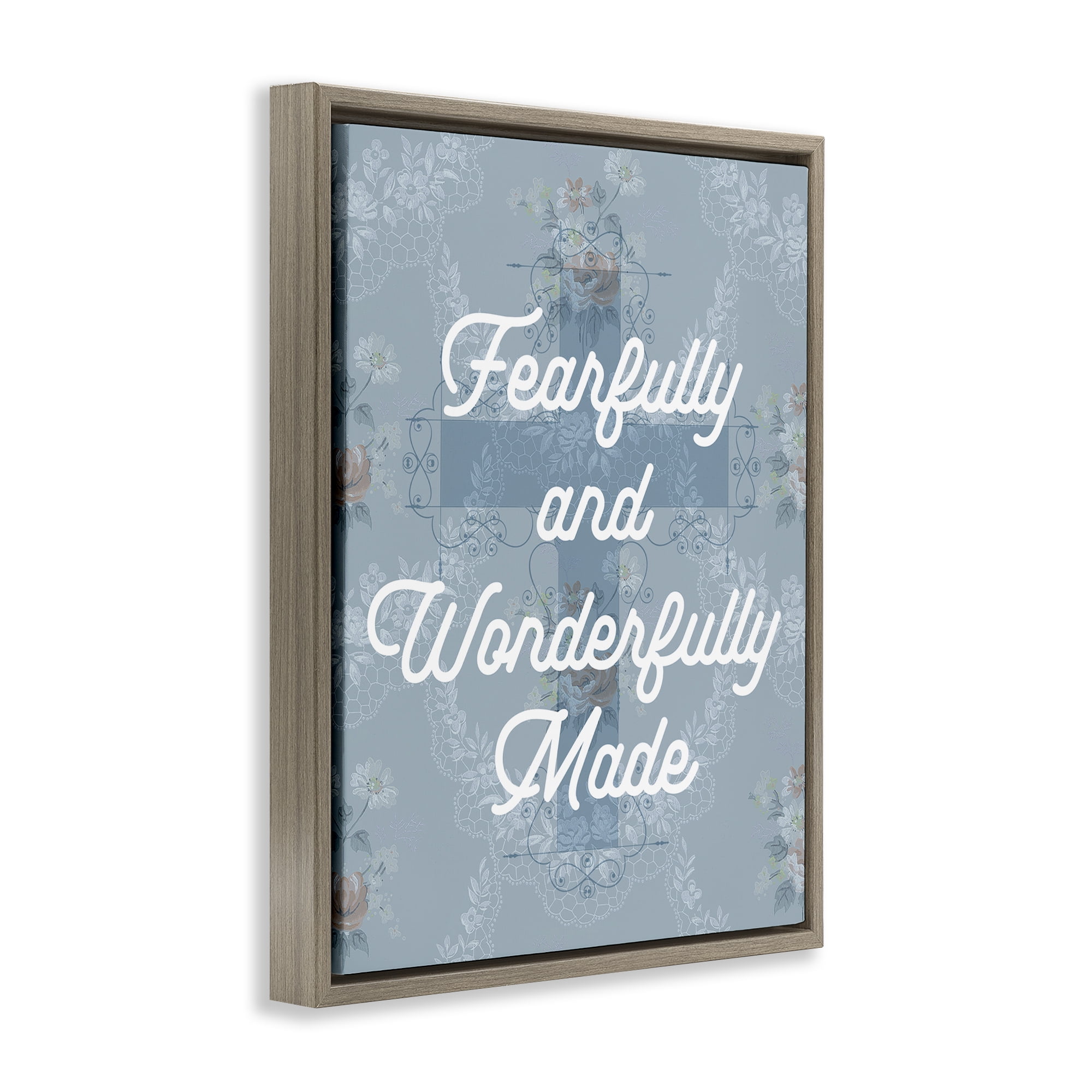 Stupell Industries Wonderfully Made Floral Cross Religious & Spiritual Painting Brown Floater Framed Canvas Art Print Wall Art, 25 x 31