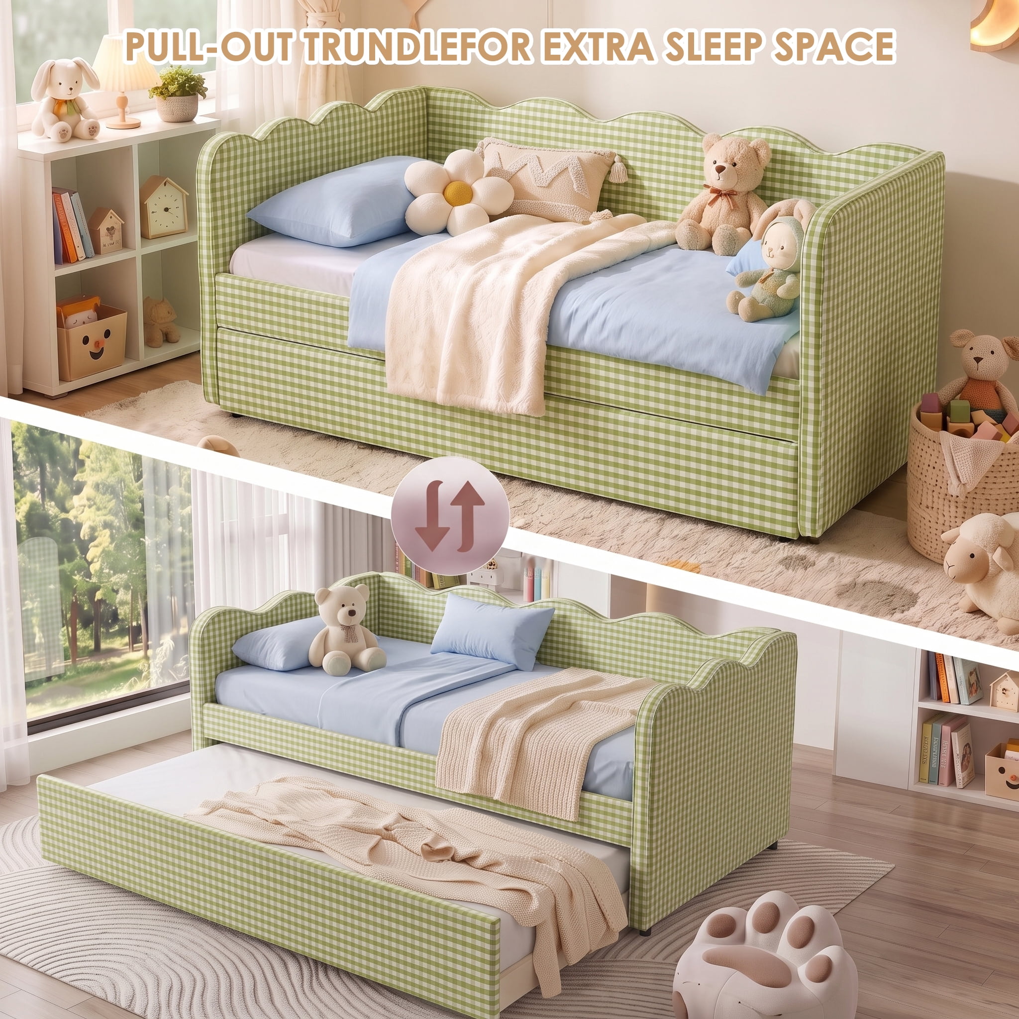 avobird Cozy Gingham Daybed with Trundle Twin Size Sofa Bed for Living Room, Sleeper Sofa with USB Port and Adorable Wave Shaped, Linen Fabric, Green