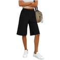 thumbnail image 7 of Yeaiivve Drawstring Bermuda Shorts for Women Cotton Linen Side Slit Beach Shorts Wide Leg Lounge Knee Length Shorts with Pcoekts Black,S, 7 of 7