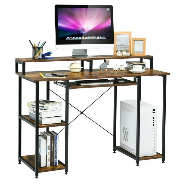 Costway Escritorio para ordenador con repisas, soporte para monitor, bandeja para teclado, mesa resistente 118 cm para casa y oficina, escritorio resistente, estilo simple y moderno