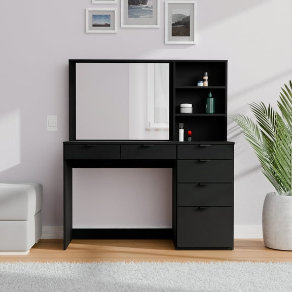 Kappesberg Sofia Vanity with 6-Drawer and Niches: Functionality and Style for Your Bedroom and Closet, for Adults and Teens - Black.