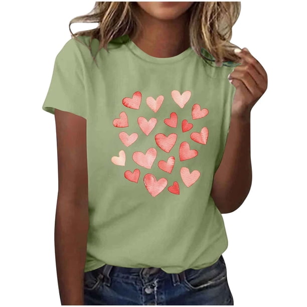 Camiseta de Manga Corta de Cuello Redondo con Patrones de Corazón de Moda de las Mujeres para Diario, Fiesta, Primavera Y Verano