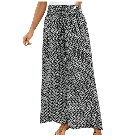ZQUUVOU Women's Boho Wide Leg Pants Baggy Flowy Drawstring Elastic Waisted Lightweight Floral Palazzo Pants Black