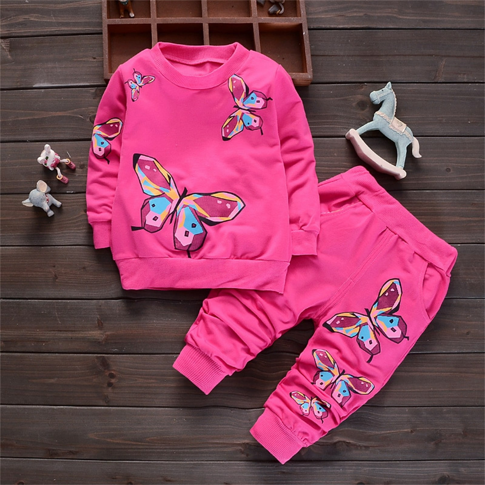 THDHVS Baby Girl Outfits Toddler Long Sleeve Print Sweatshirt and Pants Two Piece Set Fall Winter Casual Clothing Hot Pink 2 Years