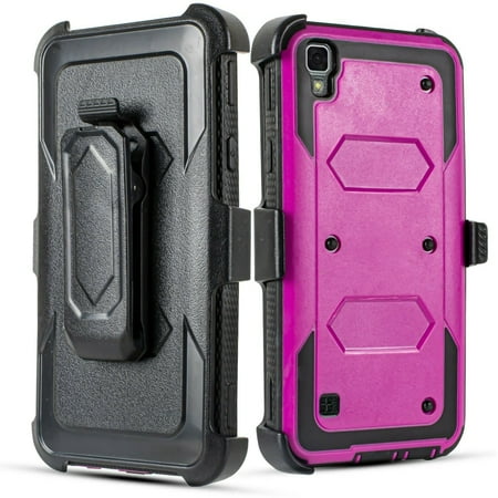 For 5" LG X Style Belt Clip Kickstand Dual Layer Protective Case Attached Full Screen Protector Raised Bevel Design Enhance Camera Hard Back Shockproof Armor Impact Bumper Combo Holster Case [Purple]