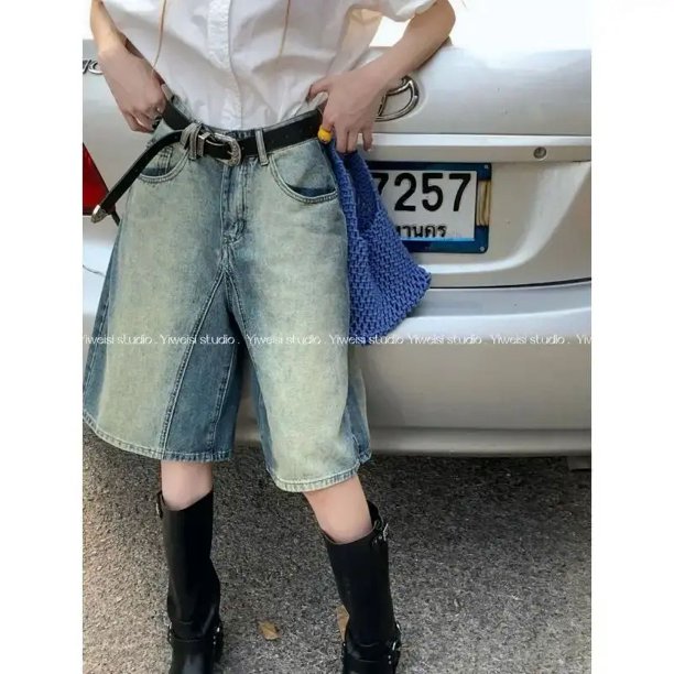 Pantalones cortos de mezclilla Vintage pantalones vaqueros de pierna ancha Y2k pantalones cortos de verano para mujer rectos de cintura alta gradiente hasta la rodilla pantalones sueltos