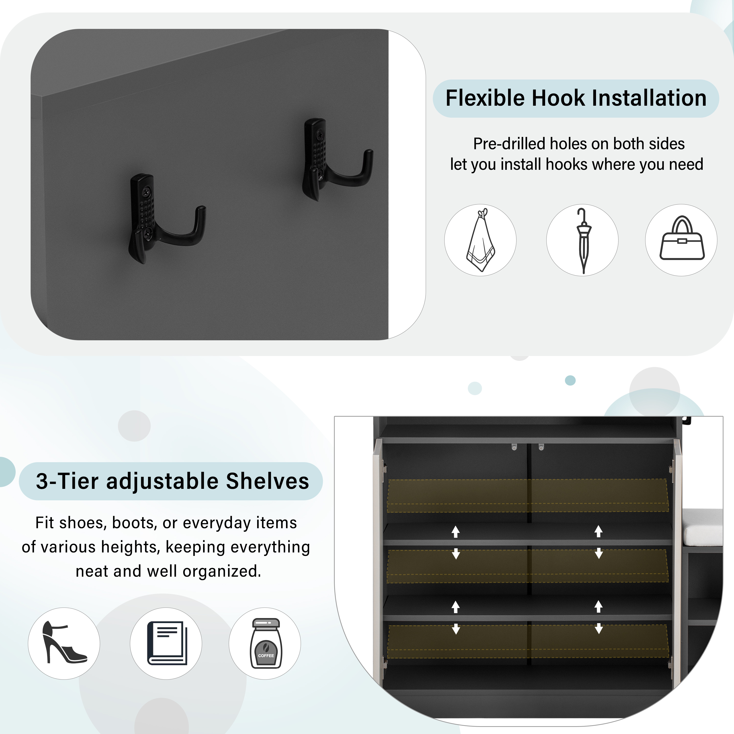 Euroco 55" Large Shoe Storage Cabinets with Shoe Bench,Modern Entryway Bench with 3-Tier Adjustable Shelves,Removeble Cushion and Hooks,Shoe Rack Shoe Organizer for Bedroom, Living Room,Grey