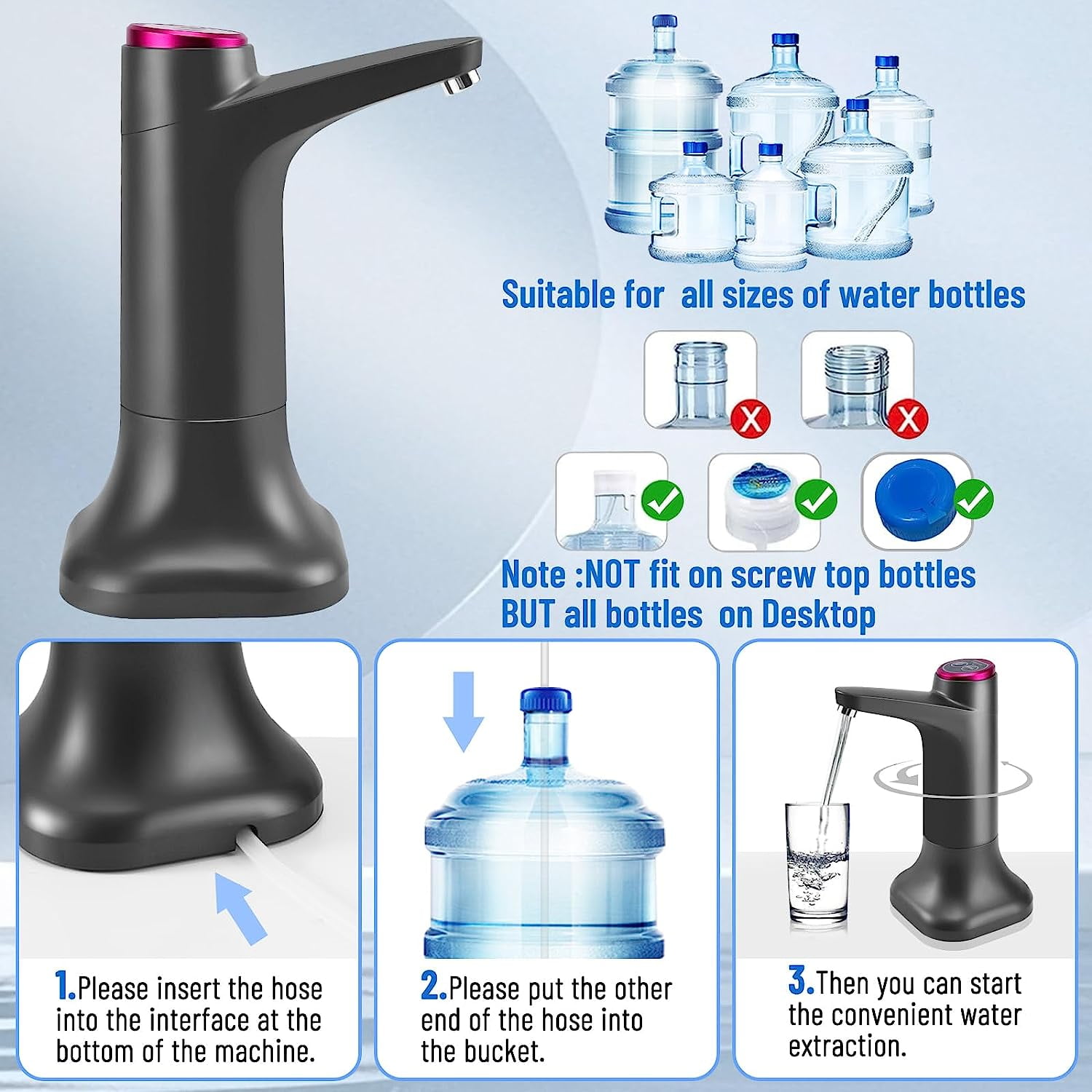Hinzonek Desktop Water Bottle Dispenser Portable Electric Water Pump for Universal 3, 4 and 5 Gallon with USB Charging and Automatic off Switch, Black