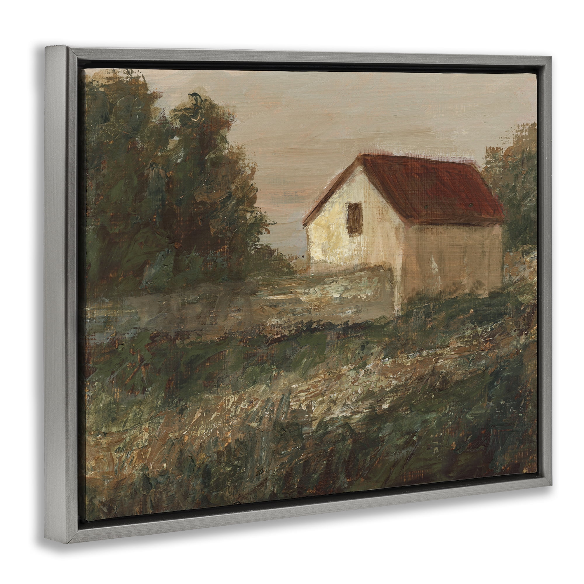 Stupell Industries Traditional Red Roof Cottage Landscape & Nature Painting Gray Floater Framed Canvas Art Print Wall Art, 21 x 17