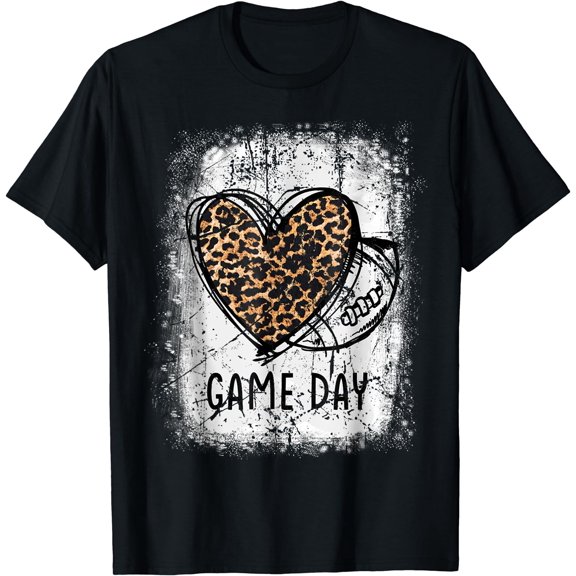 Game Day With Leopard Heart Football Lovers Mom Bleached T-Shirt Black Medium