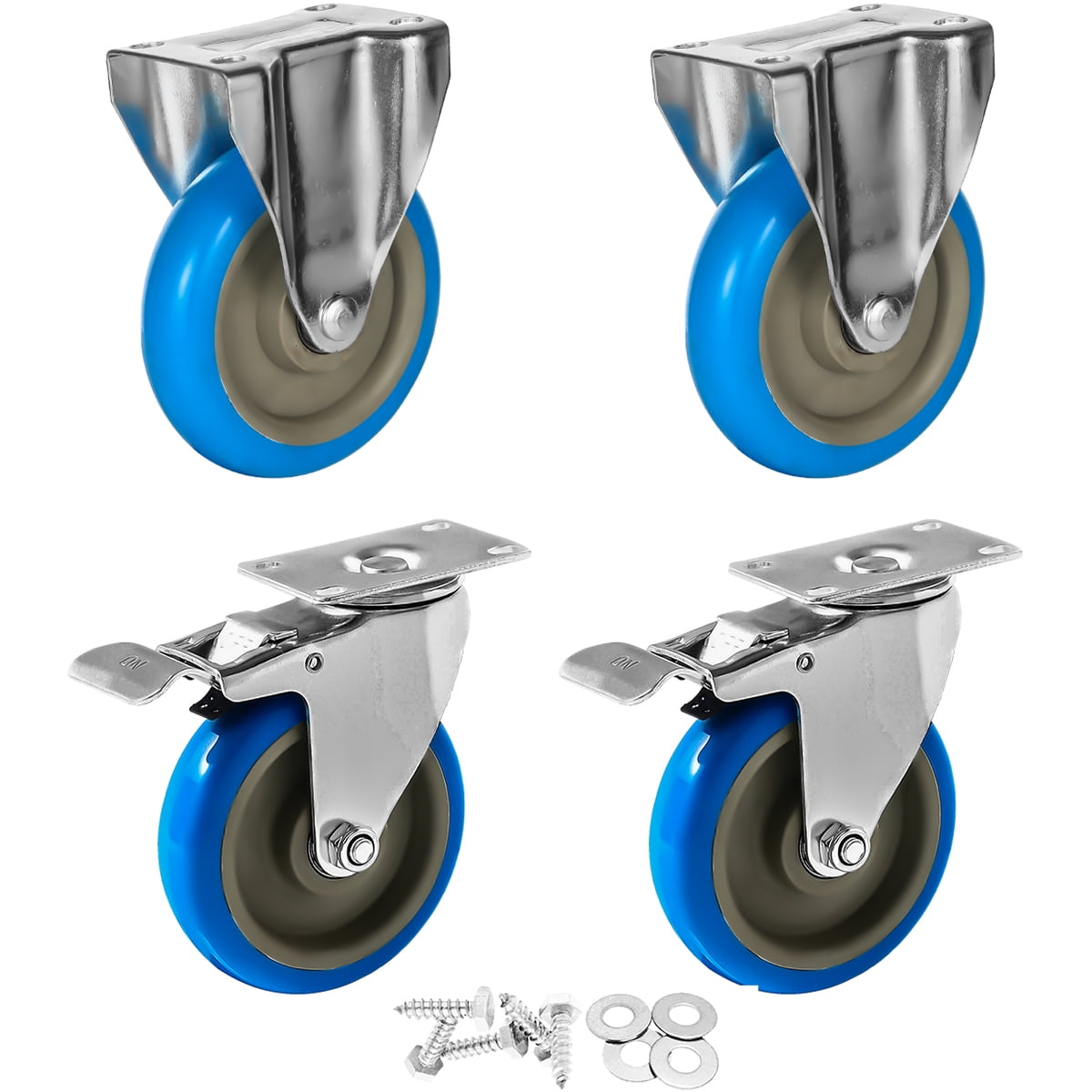 Package of 4 Plate Casters w Blue 5" Poly Wheels and 2 Rigid and 2 Swivel 