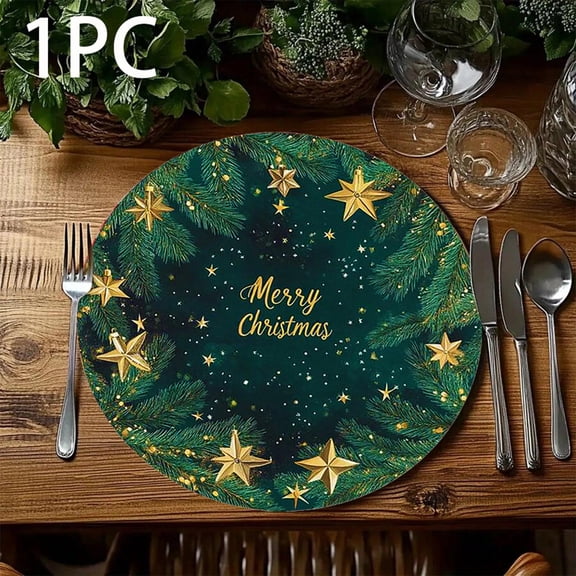 Christmas Wreath Placemats Set of 4 Round Felt Non-Slip Table Mats for Holiday Dinner Party Dining Decor with Red Berry and Bow Design 8 Inch Green and Red