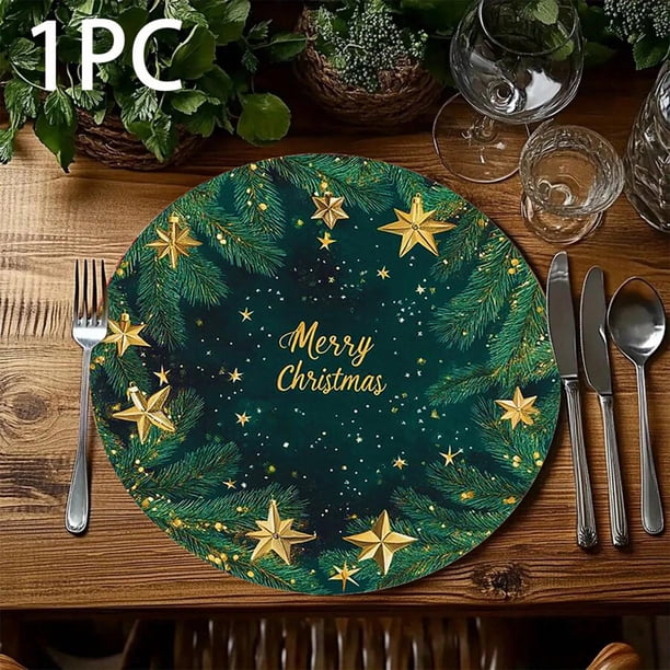 Mantel Individual Redondo con Estrella Dorada Navideña | Mantel de Poliéster Antideslizante de 20 Cm de Diámetro | Posavasos Resistente Al Calor para Decoración Navideña, Ideal para El Hogar, La Coci