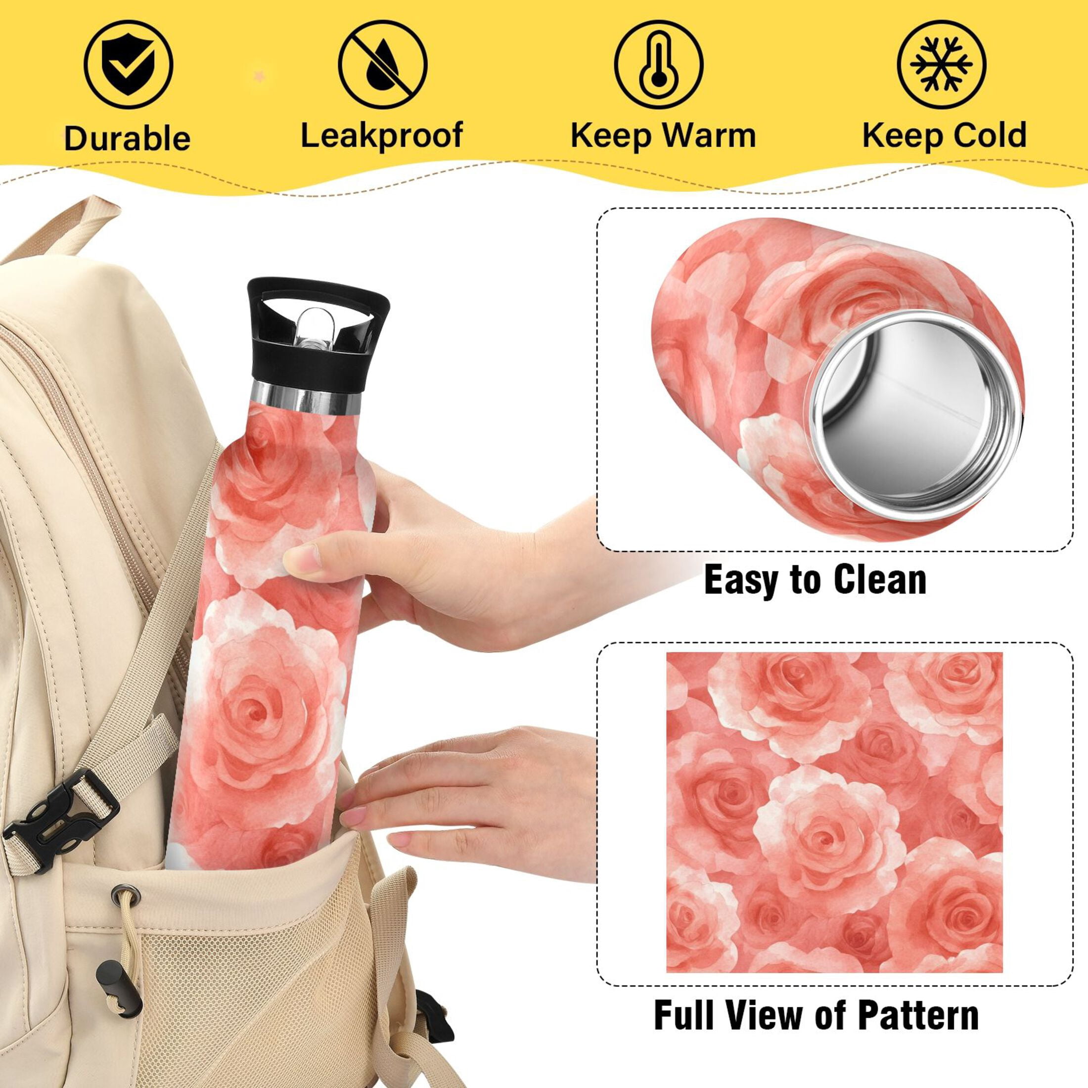 600ML Stainless Steel Insulated Cup Sports Water Bottle Portable Thermos Cup Water Glasses Insulated Tumblers Convenient and Durable Cartoon Pink Roses Seamless