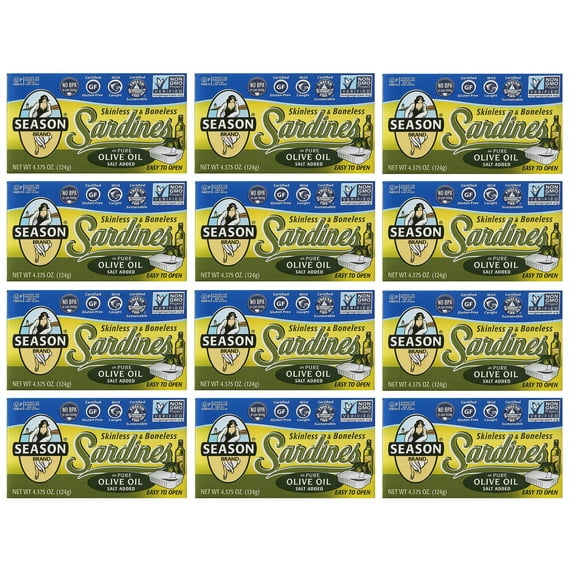 Season Sardines Skinless & Boneless in Pure Olive Oil 4.375 oz (Pack of 12)
