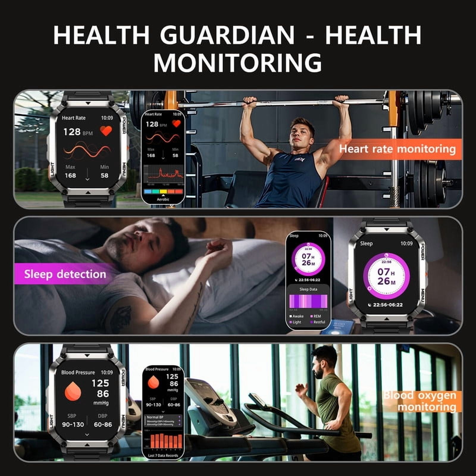 IOWODO 2.01'' Military Smart Watch for Men with Bluetooth Calling, Fitness Tracker, 100+ Sport Modes, Flashlight, 1ATM Waterproof, Mountain Travel Pedometer Watch fits for Android and Iphone (Black)