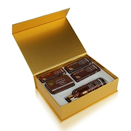 Makari Exclusive Skin Toning Gift Set - Complete Skin Lightening, Brightening & Toning Regimen with 16.8oz Toning Milk, 1.7oz Cream, 1.7oz Serum, 1.0oz Gel, 7oz. Exfoliating (Best Skin Regimen For Men)
