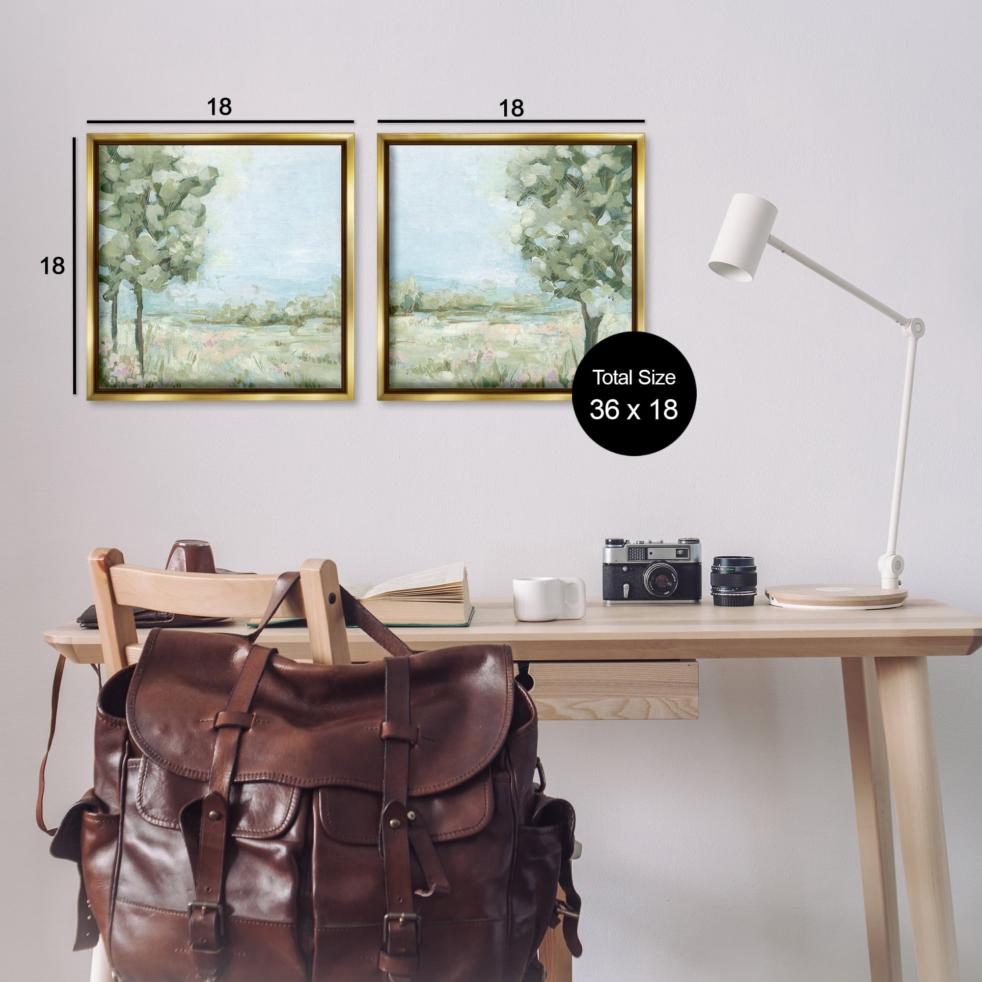 Stupell Industries Bright Spring Field Landscape Landscape & Nature Painting Gold Floater Framed Canvas Art Print Wall Art, 18 x 18, Set of 2